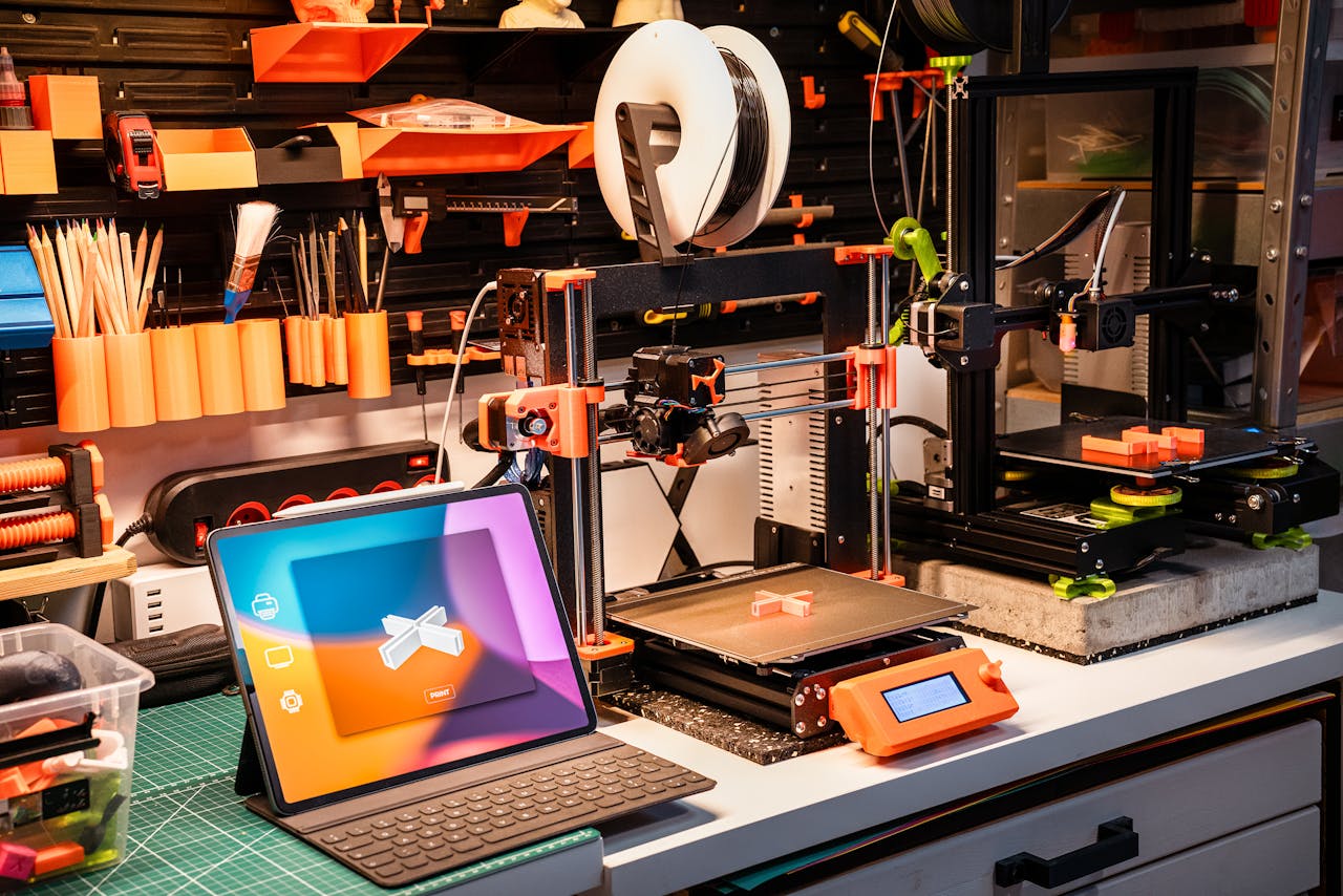 gallery-03 A high-tech workshop featuring 3D printers and a tablet on a desk, showcasing modern innovation.