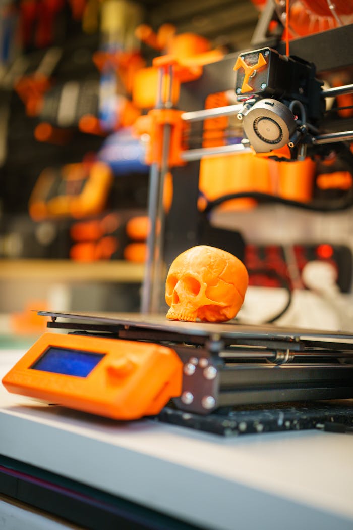 testimonial-img A close-up of an orange 3D printed skull on a 3D printer, showcasing modern technology in a workshop setting.